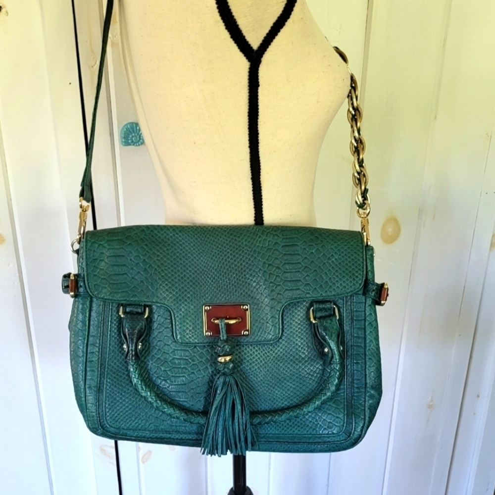 Elliott Lucca Leather Snake Print Crossbody Top Handle Bag